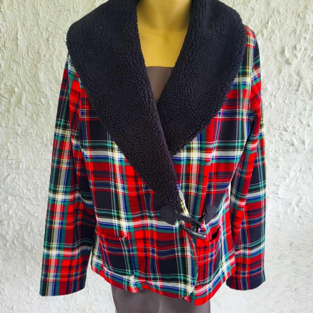 Lauren Ralph Lauren L Tarten Plaid Sherpa Collar Blazer  w/toggle closure
